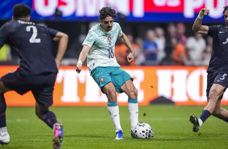 Portugal forward Francisco Trincao(16) scores a goal against the United States during the first half.