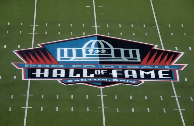 General view of the Pro Football Hall of Fame logo at midfield of Fawcett Stadium