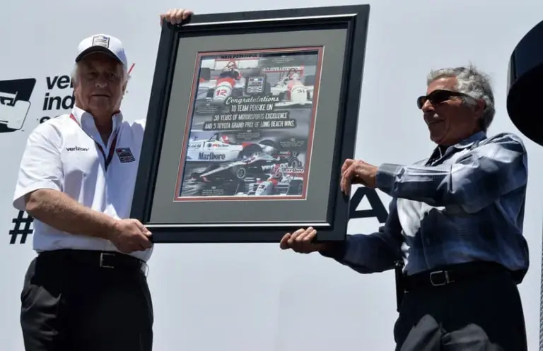Apr 17, 2016; Long Beach, CA, USA; Roger Penske (L) poses with Toyota Grand Prix of Long Beach president Jim Michaelian (R).