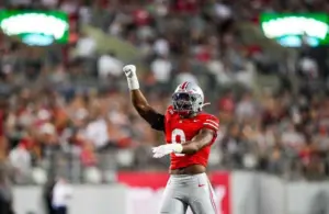 Ohio State Buckeyes linebacker Sonny Styles (0) reacts in the first half at the Ohio Stadium on Saturday, Sept. 13, 2025, in Columbus, Ohio.