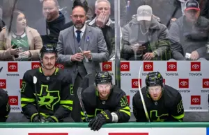 Nov 19, 2022; Dallas, Texas, USA; Dallas Stars head coach Peter DeBoer watches his team take on the New York Islanders during the second period at the American Airlines Center.