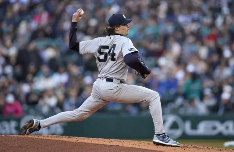 Mar 31, 2026; Seattle, Washington, USA; New York Yankees starting pitcher Max Fried (54) throws against the Seattle Mariners during the first inning at T-Mobile Park.