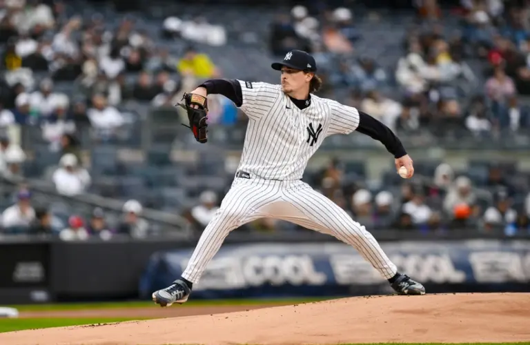 Apr 5, 2026; Bronx, New York, USA; New York Yankees pitcher Max Fried (54) pitches against the Miami Marlins during the first inning at Yankee Stadium.