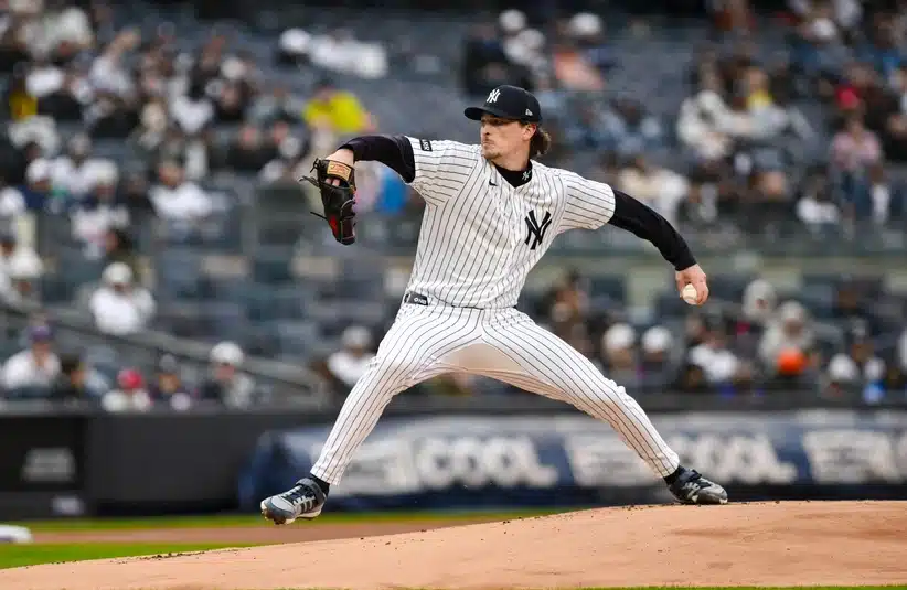 Apr 5, 2026; Bronx, New York, USA; New York Yankees pitcher Max Fried (54) pitches against the Miami Marlins during the first inning at Yankee Stadium.
