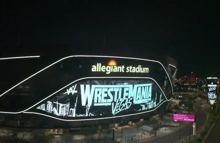 The WrestleMania 42 sign on Allegiant Stadium.