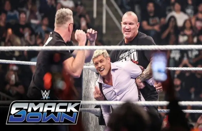 Pat McAffee and Randy Orton attacking Cody Rhodes on Smackdown.