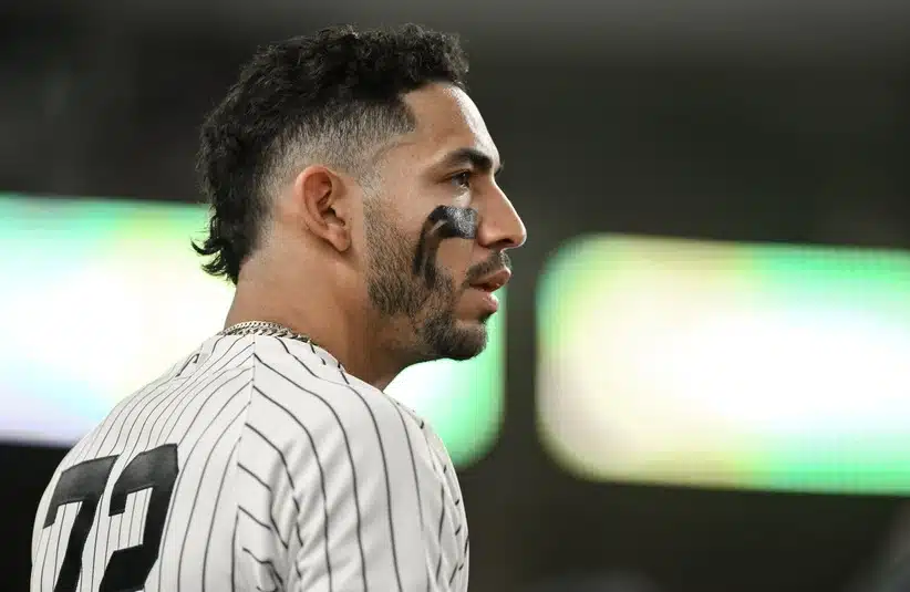 Apr 13, 2026; Bronx, New York, USA; New York Yankees shortstop José Caballero (72) looks on from the dugout during the seventh inning against the Los Angeles Angels at Yankee Stadium.