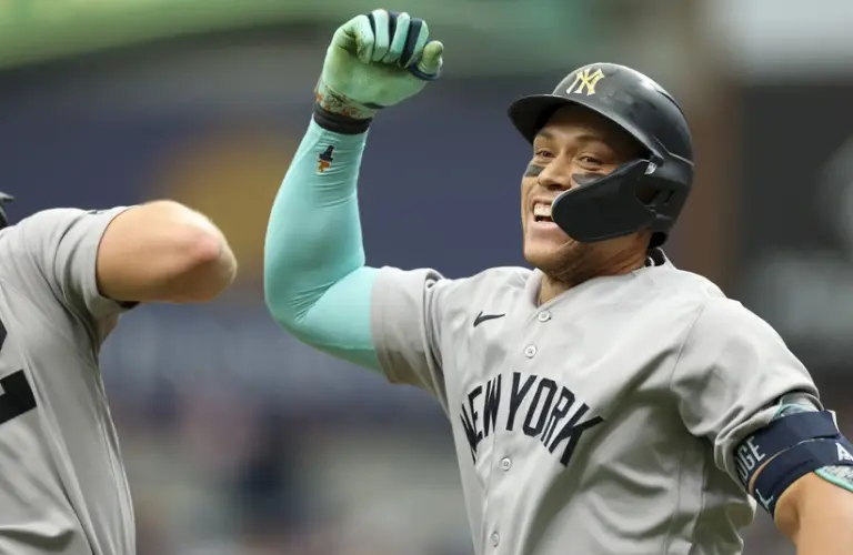 Apr 12, 2026; St. Petersburg, Florida, USA; New York Yankees designated hitter Aaron Judge (99) reacts after hitting a two run home run against the Tampa Bay Rays in the ninth inning at Tropicana Field.