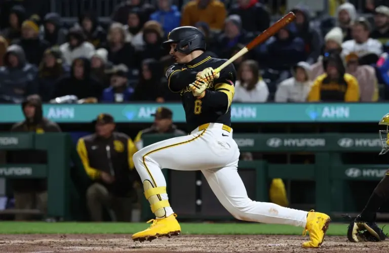 Apr 7, 2026; Pittsburgh, Pennsylvania, USA; Pittsburgh Pirates shortstop Konnor Griffin (6) hits a two run single against the San Diego Padres during the eighth inning at PNC Park.