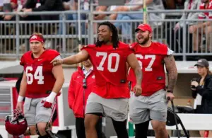 Offensive lineman Phillip Daniels (70) and Austin Siereveld (67) tease their teammate in the first half of the Ohio State football spring game at Ohio Stadium on Saturday, April 18, 2026 in Columbus, Ohio.