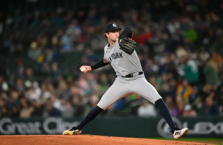 Apr 1, 2026; Seattle, Washington, USA; New York Yankees starting pitcher Cam Schlittler (31) pitches to the Seattle Mariners during the first inning at T-Mobile Park