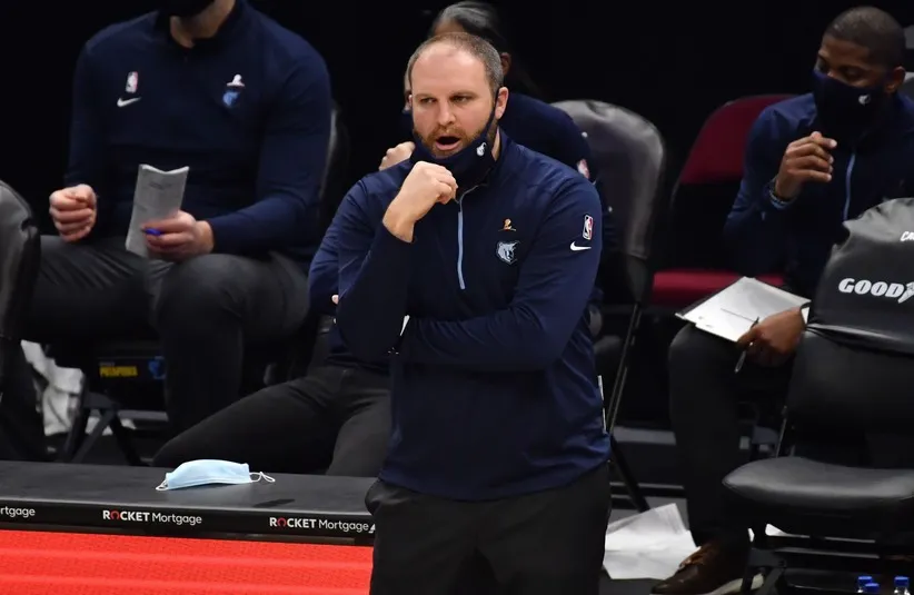 Memphis Grizzlies head coach Taylor Jenkins looks on from the bench.