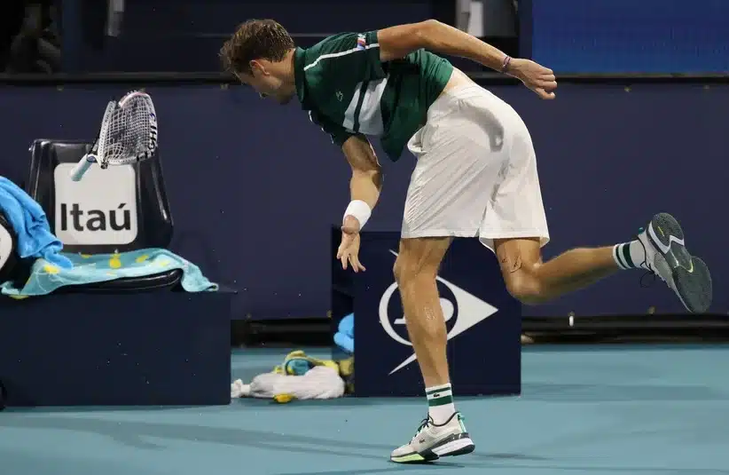 Medvedev smashing his tennis racket