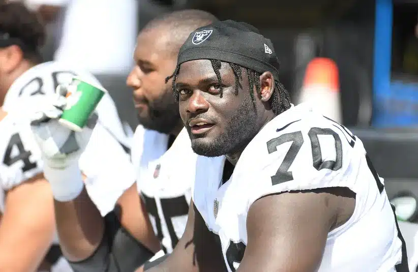 Las Vegas Raiders tackle Alex Leatherwood sits on the bench during the first quarter against the Pittsburgh Steelers at Heinz Field.