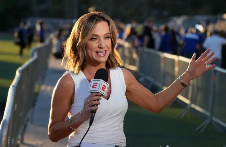 ESPN reporter Dianna Russini at Los Angeles Rams Super Bowl LVI Opening Night at Oaks Christian High School.