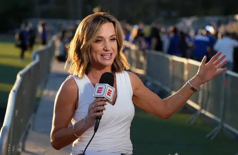 ESPN reporter Dianna Russini at Los Angeles Rams Super Bowl LVI Opening Night at Oaks Christian High School.