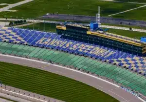 Aug 14, 2023; Kansas City, Kansas, USA; Aerial overall view of the Kansas Speedway NASCAR track.