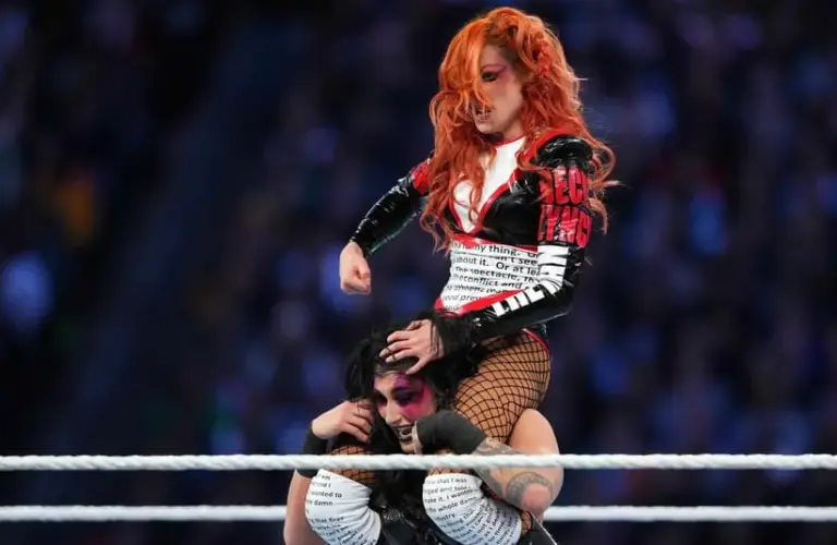 Apr 6, 2024; Philadelphia, PA, USA; Women’s World Championship match between Rhea Ripley (black attire) and Becky Lynch (red/white attire) during Wrestlemania XL Saturday at Lincoln Financial Field.
