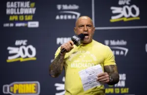 UFC announcer Joe Rogan during ceremonial weigh ins for UFC 300.