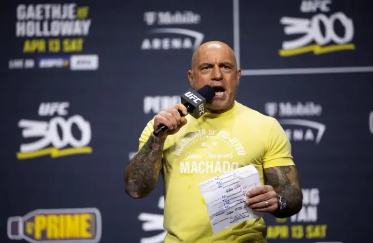 UFC announcer Joe Rogan during ceremonial weigh ins for UFC 300.