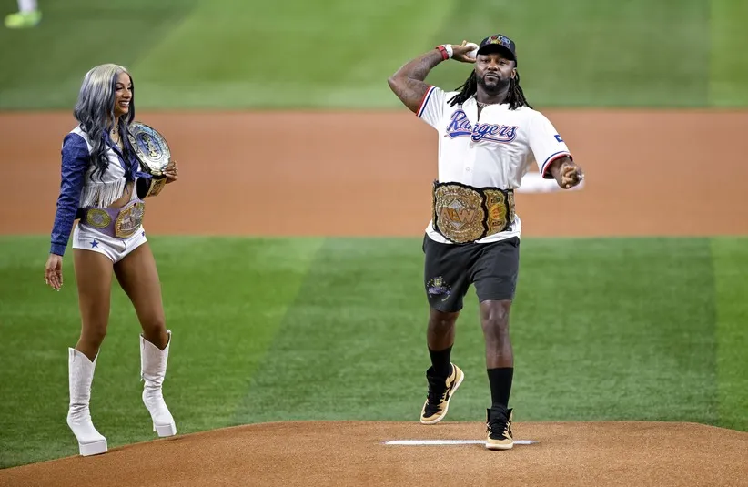 Professional wrestler Stephon Swerve Strickland throws out the first pitch.