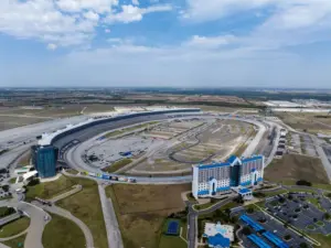 Oct 11, 2024; Fort Worth, TX, USA; Aerial overall view of the NASCAR oval track at Texas Motor Speedway.