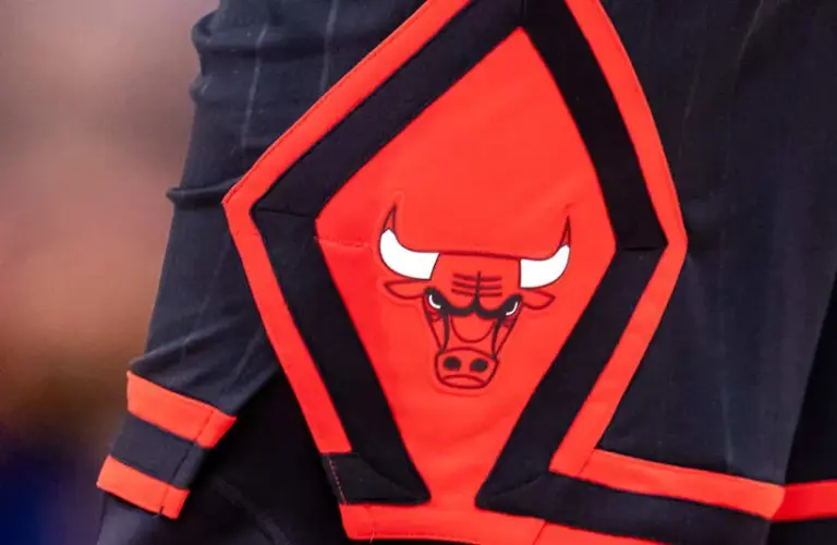 Detailed view of the Chicago Bulls logo.