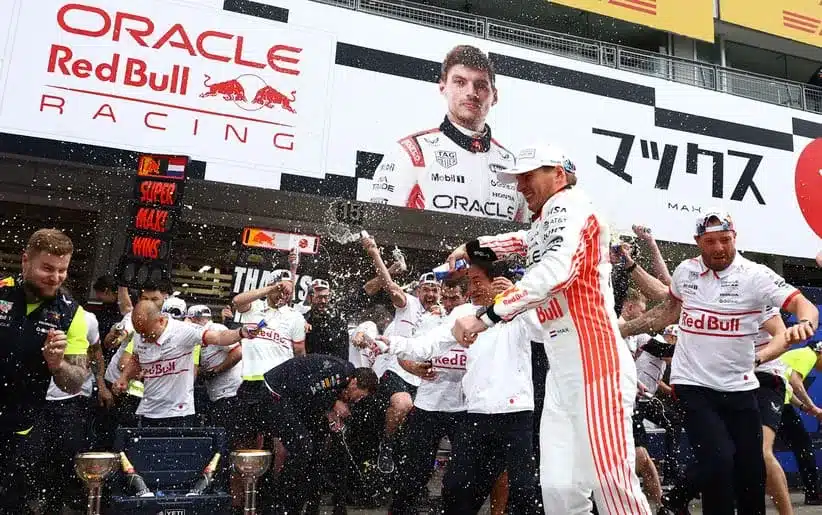 [US, Mexico & Canada customers only] April 6, 2025; Suzuka, JAPAN; Max Verstappen celebrates after winning the F1 Japanese Grand Prix at Suzuka Circuit.