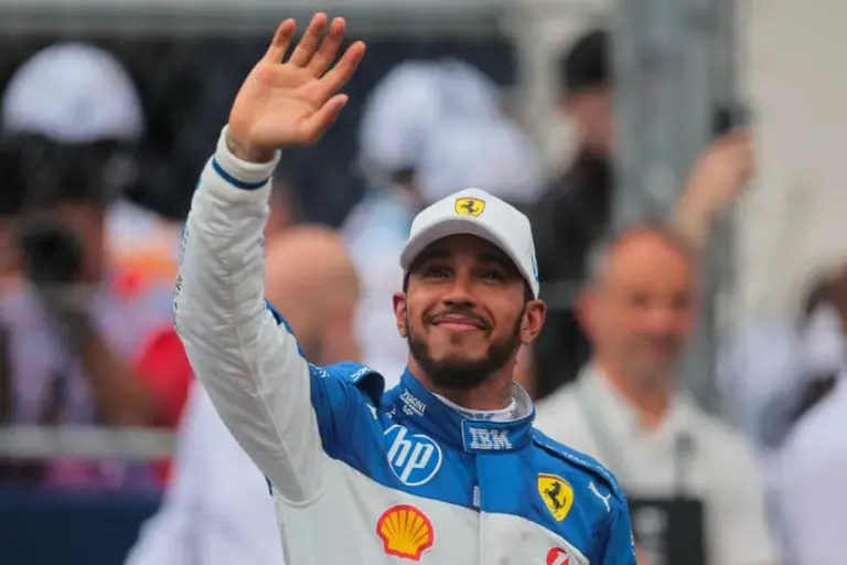 May 3, 2025; Miami Gardens, FL, USA; Ferrari driver Lewis Hamilton (44) reacts after finishing third during the F1 Miami Grand Prix Sprint Race at Miami International Autodrome.