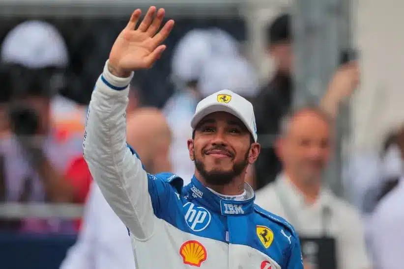 May 3, 2025; Miami Gardens, FL, USA; Ferrari driver Lewis Hamilton (44) reacts after finishing third during the F1 Miami Grand Prix Sprint Race at Miami International Autodrome.