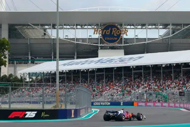May 3, 2025; Miami Gardens, FL, USA; Ferrari driver Charles Leclerc (16) during qualifying for the F1 Miami Grand Prix at Miami International Autodrome.