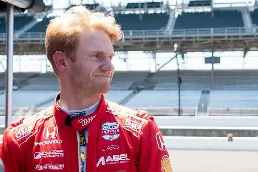 Dale Coyne Racing driver Jacob Abel (51) looks out from his pit box Sunday, May 18, 2025, during Last Chance practice ahead of qualifying for the 109th running of the Indianapolis 500 at Indianapolis Motor Speedway.