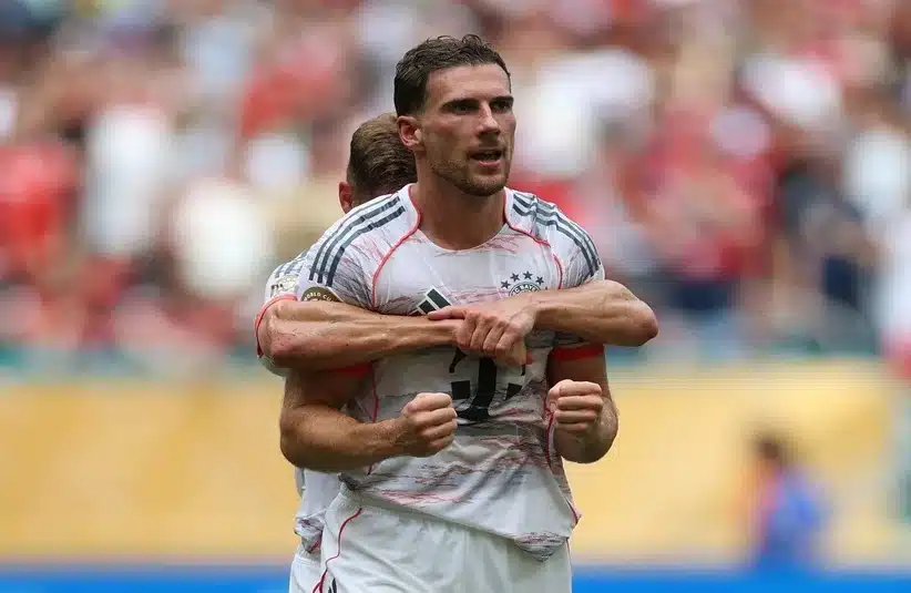 Goretzka clinching his fist in Bayern colors