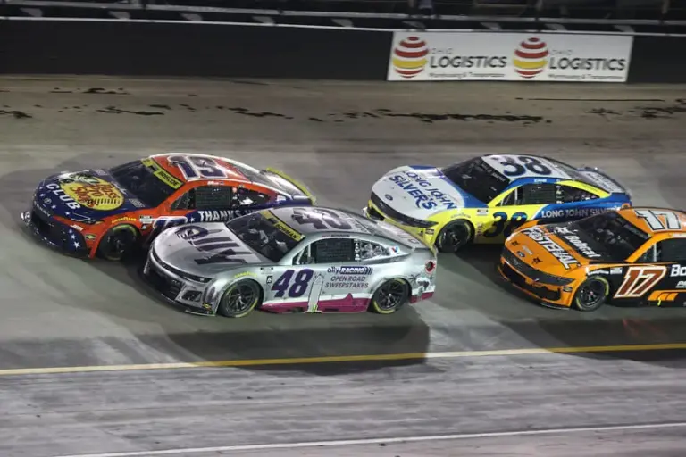 Bristol; Nov 2, 2025; Avondale, Arizona, USA; NASCAR Cup Series driver Denny Hamlin (11), driver Chase Briscoe (19) and driver Kyle Larson (5) drive three wide during the Cup Series Championship race at Phoenix Raceway.