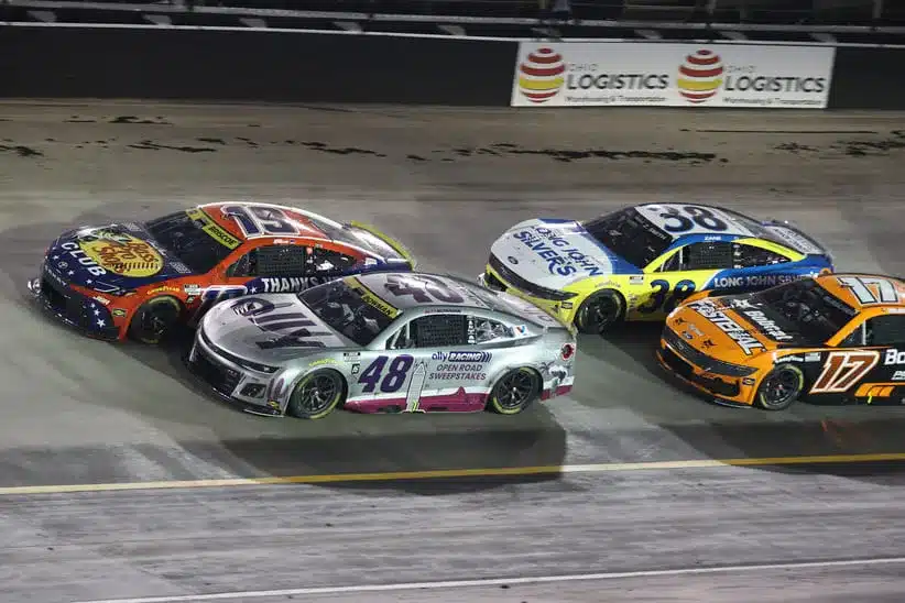 Bristol; Nov 2, 2025; Avondale, Arizona, USA; NASCAR Cup Series driver Denny Hamlin (11), driver Chase Briscoe (19) and driver Kyle Larson (5) drive three wide during the Cup Series Championship race at Phoenix Raceway.
