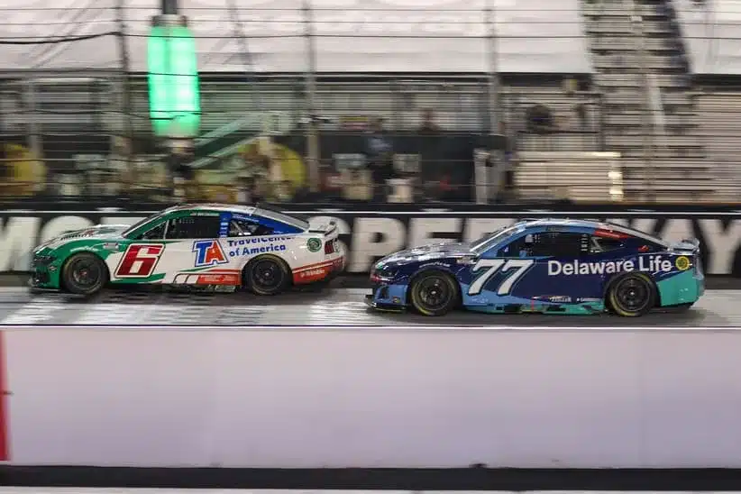 Sep 13, 2025; Bristol, Tennessee, USA; NASCAR Cup Series driver Brad Keselowski (6) and driver Carson Hocevar (77) at Bristol Motor Speedway.