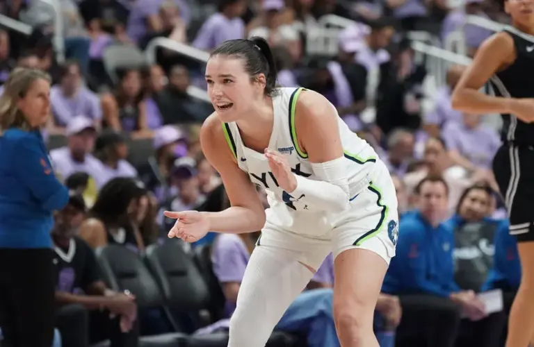 Minnesota Lynx forward Bridget Carleton celebrates after scoring against the Golden State Valkyries in the third quarter in game two of round one for the 2025 WNBA Playoffs at SAP Center.