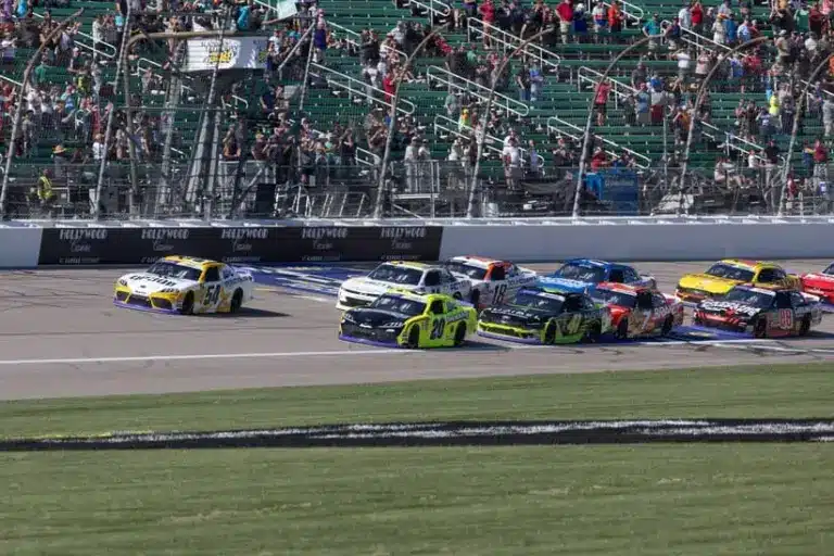 Sep 27, 2025; Kansas City, Kansas, USA; Racers at the begging of the NASCAR Xfinity Playoff Race at Kansas Speedway.