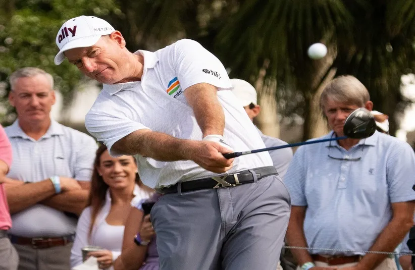 Jim Furyk tees off the first tee during the first round of the Furyk & Friends PGA Tour Champions event.