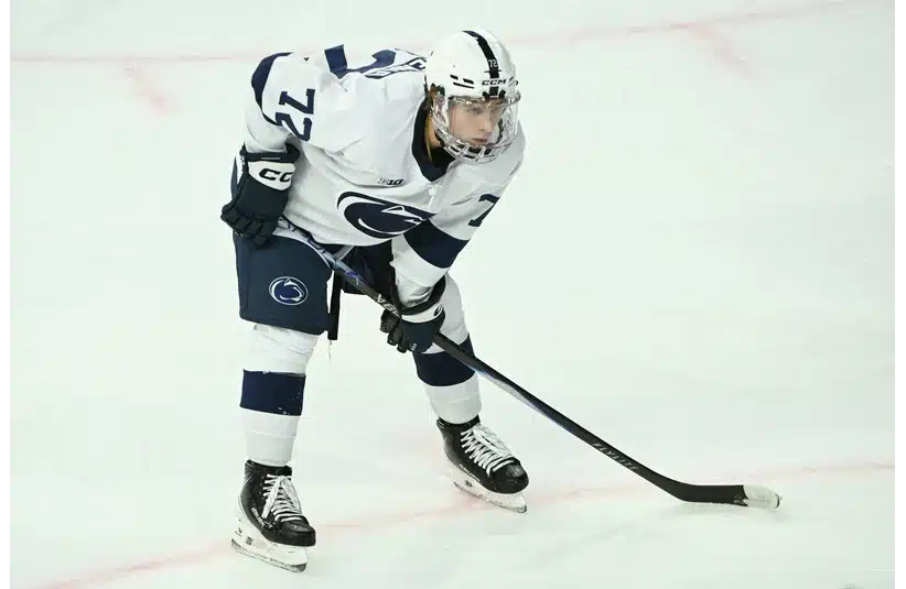Oct 10, 2025; University Park, PA, USA; Penn State Nittany Lions forward Gavin McKenna (72) skates against the Clarkson Golden Knights during the second period at Pegula Ice Arena. Mandatory Credit: Barry Reeger-Imagn Images