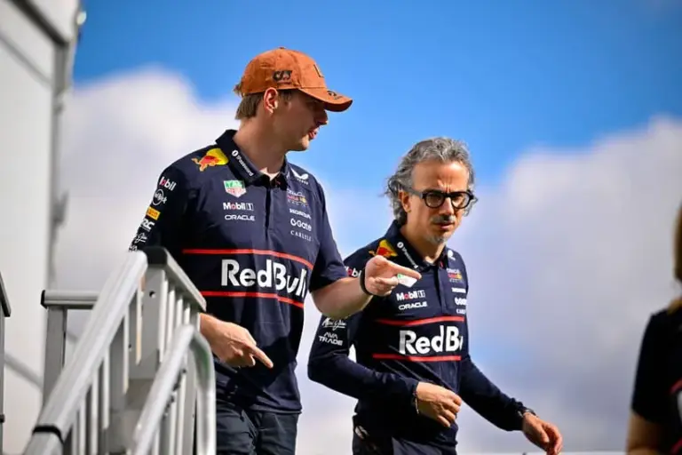 Oct 17, 2025; Austin, TX, USA; Oracle Red Bull Racing driver Max Verstappen (1) of Team Netherlands speaks with team principal Laurent Mekies before practice for the US Grand Prix at Circuit of The Americas Austin.