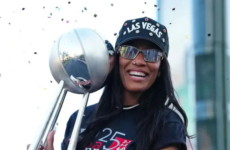 Las Vegas Aces center A'Ja Wilson (22) celebrates during the 2025 WNBA Championship parade.