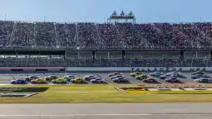 Oct 19, 2025; Talladega, Alabama, USA; NASCAR Cup Series driver Josh Berry (21) leads a large group during stage two of the YellaWood 500 at Talladega Superspeedway.