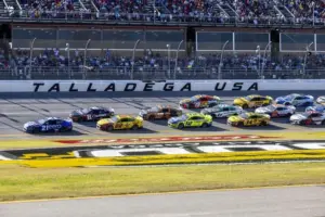 Oct 19, 2025; Talladega, Alabama, USA; NASCAR Cup Series driver Josh Berry (21) leads Kyle Busch (8) and Joey Logano (22) during stage two of the YellaWood 500 at Talladega Superspeedway.