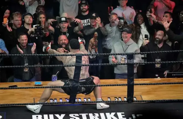 Gable Steveson celebrates after knocking out Billy Swanson 15-seconds into the first round during a Dirty Boxing Championship heavyweight fight at The Pinnacle Thursday, Oct. 30, 2025, in Nashville, Tenn.