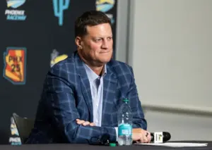 Oct 31, 2025; Avondale, Arizona, USA; NASCAR president Steve O'Donnell speaks to the media during the state of the sport press conference in the media center at Phoenix Raceway.