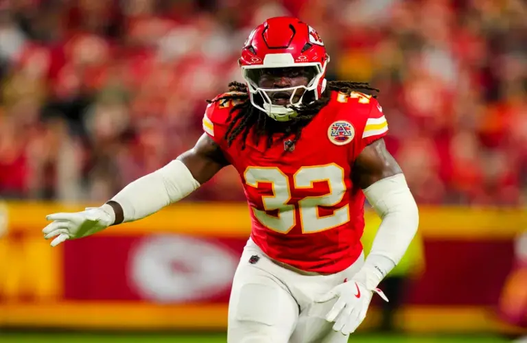 Kansas City Chiefs linebacker Nick Bolton (32) defends during the first half against the Washington Commanders at GEHA Field at Arrowhead Stadium.