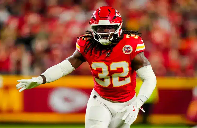 Kansas City Chiefs linebacker Nick Bolton (32) defends during the first half against the Washington Commanders at GEHA Field at Arrowhead Stadium.