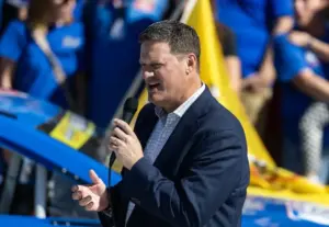 Nov 1, 2025; Avondale, Arizona, USA; NASCAR president Steve O'Donnell during the ARCA West Series Desert Diamond Casino 100 at Phoenix Raceway.