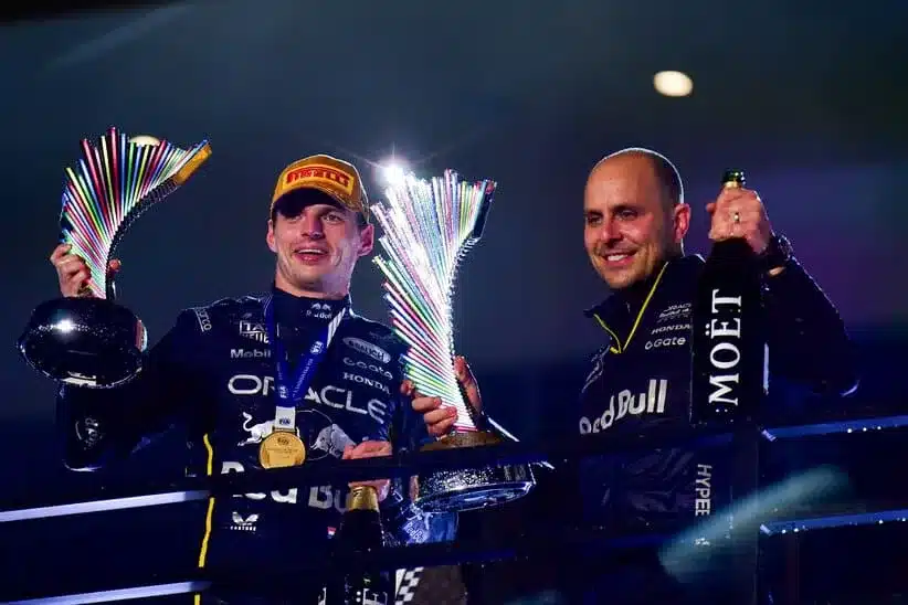 Nov 21, 2025; Las Vegas, NV, USA; Red Bull Racing driver Max Verstappen (1) celebrates his victory with race engineer Gianpiero Lambiase
